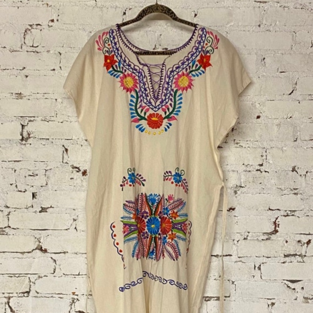 Vintage Embroidered Mexican Dress Handmade Linen Dress Rainbow Embroidery